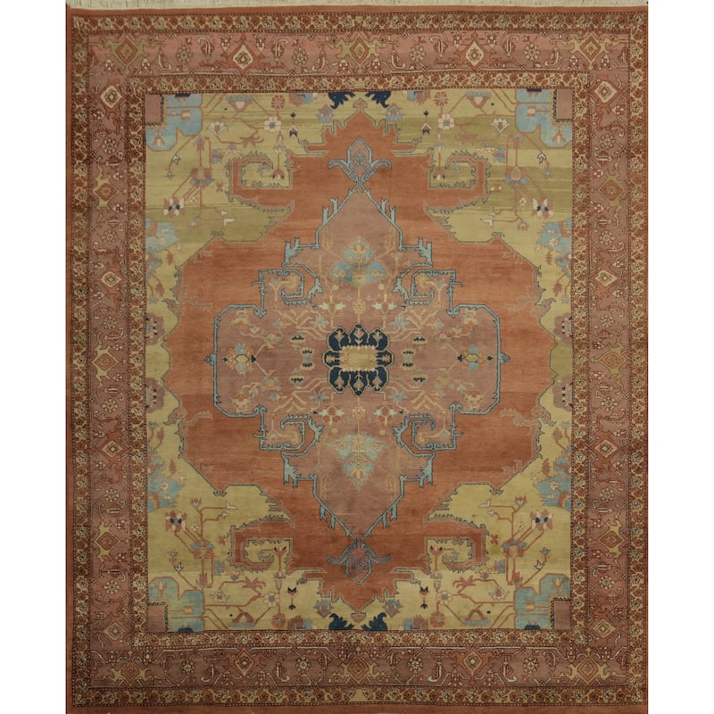 Hand Knotted Oriental 100% Wool Carpet Traditional Geometric Oranges & Rust Heriz Area Rug - 10' 0'' X 8' 2''
