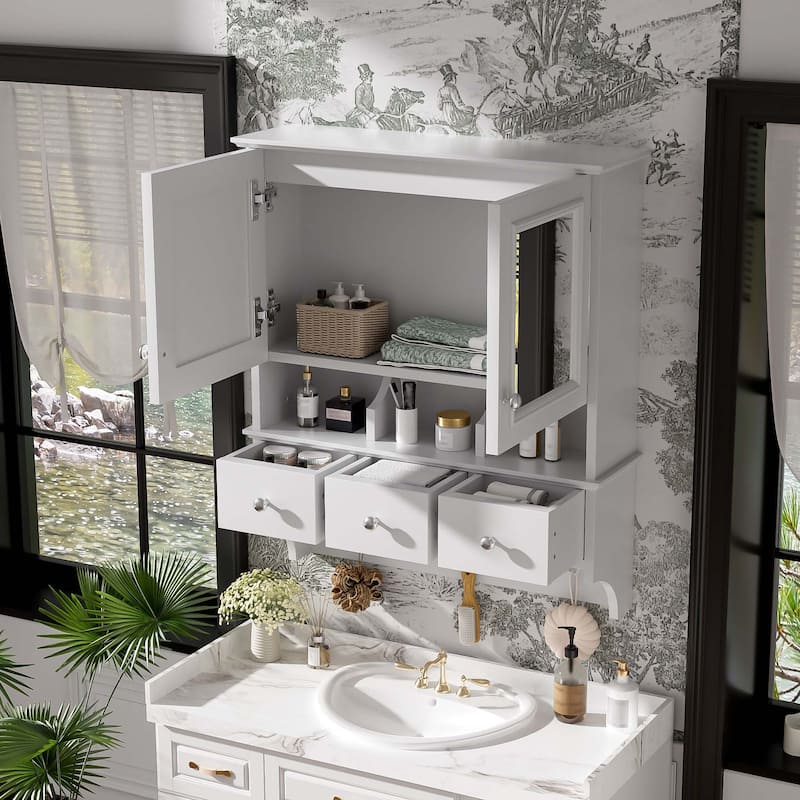 24" Wall Mounted 4-in-1 Bathroom Mirror Cabinet with Drawers & Hooks, High-Definition Medicine Cabinet with Storage for Vanity