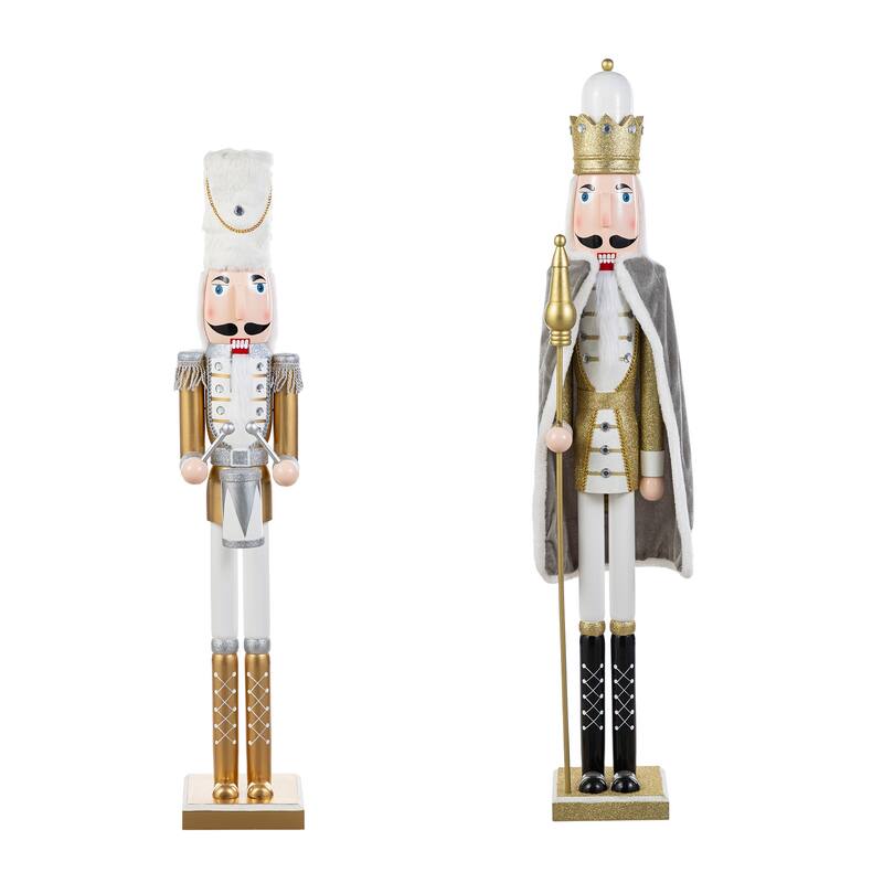 Glitzhome Set of 2 Wooden Christmas Gold Dressed King & Soldier Nutcrackers for Festive Party Fireplace Decor
