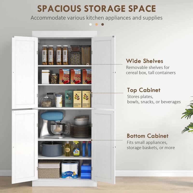 HOMCOM 72.5" Kitchen Pantry Cabinet, Tall Storage Cabinet with Doors and 2 Adjustable Shelves for Dining Room, White Wood Grain