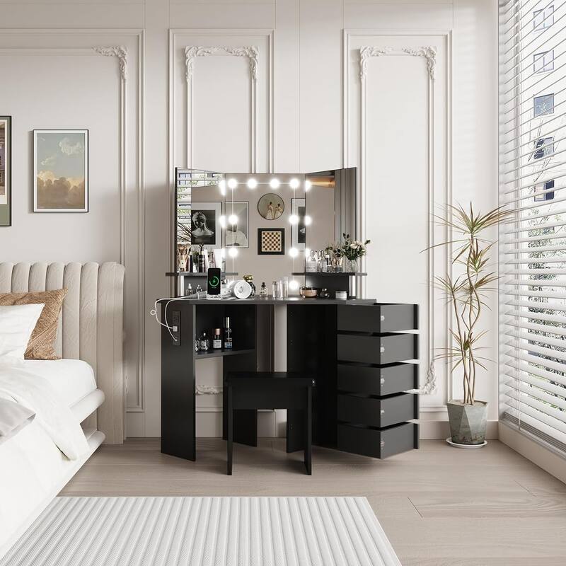 Corner Makeup Vanity Desk with Lights & Power Outlet