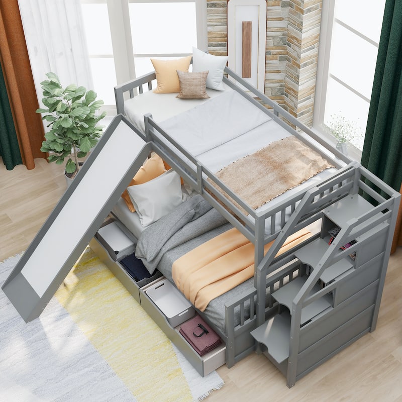 Multifunctional Twin over Full Bunk Bed with Drawers, Storage, and Slide in Gray