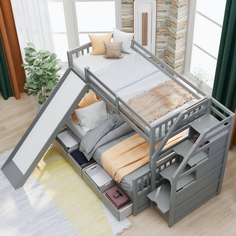 Twin Over Full Bunk Bed, Multi-Function Kids Bunkbed with Slide, 2 Drawers & Storage Stairs, Wooden Staircase Bunkbeds Frame - Gray - Full