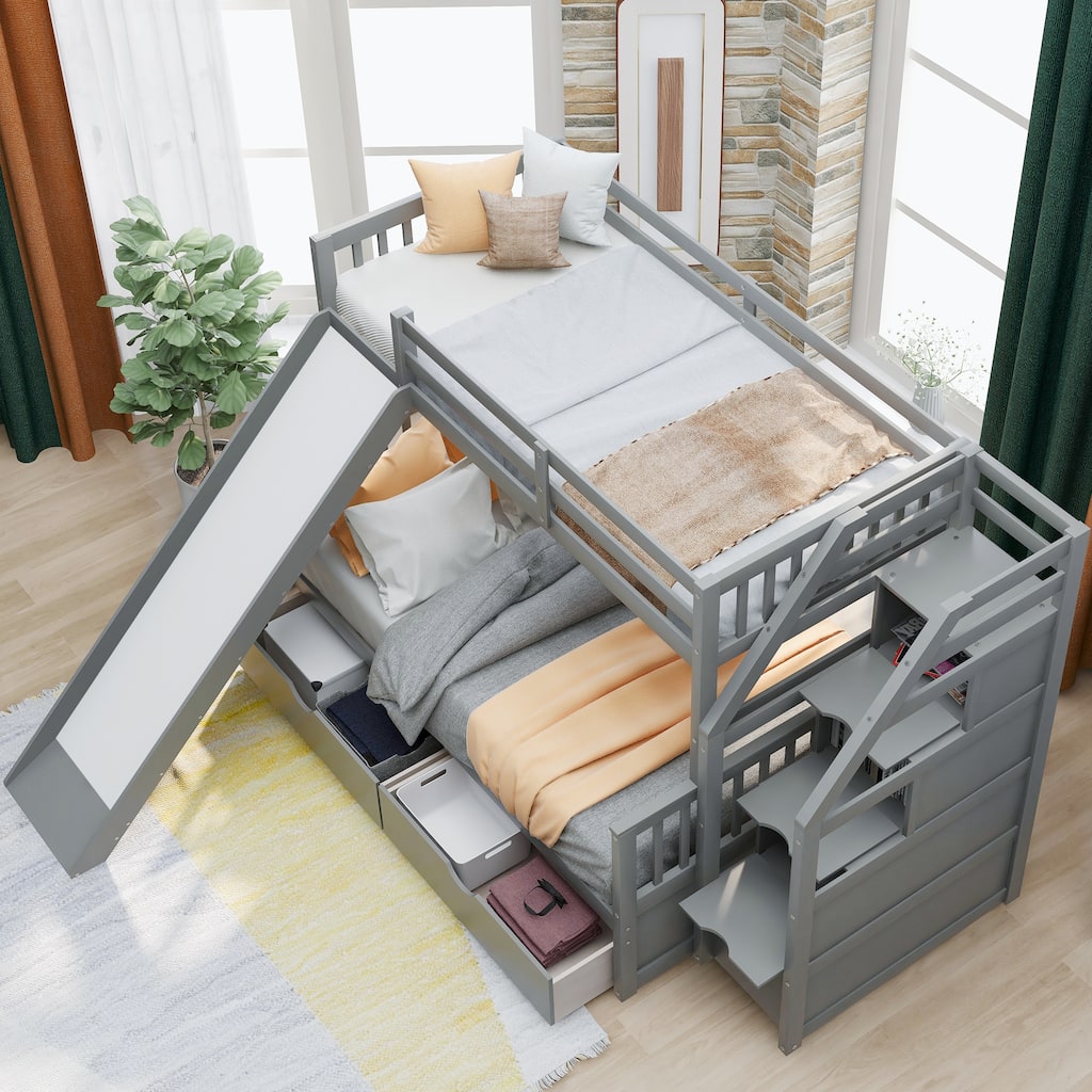 Twin Over Full Bunk Bed, Multi-Function Kids Bunkbed with Slide, 2 Drawers & Storage Stairs, Wooden Staircase Bunkbeds Frame