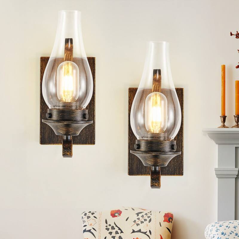Vintage Wall Sconces Set, Hardwired Only, Black & Gold, Glass Shade (2-Pack) - Black+Gold