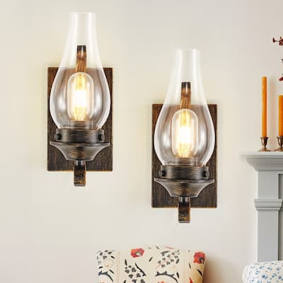Vintage Wall Sconces Set, Hardwired Only, Black & Gold, Glass Shade (2-Pack)