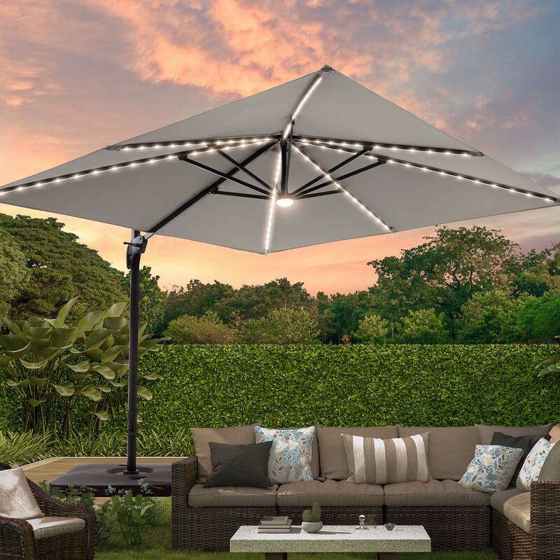 LIVOOSUN Patio10x10FT LED Aluminum Cantilever Umbrella Solution-Dyed Fabric w/Base - Grey