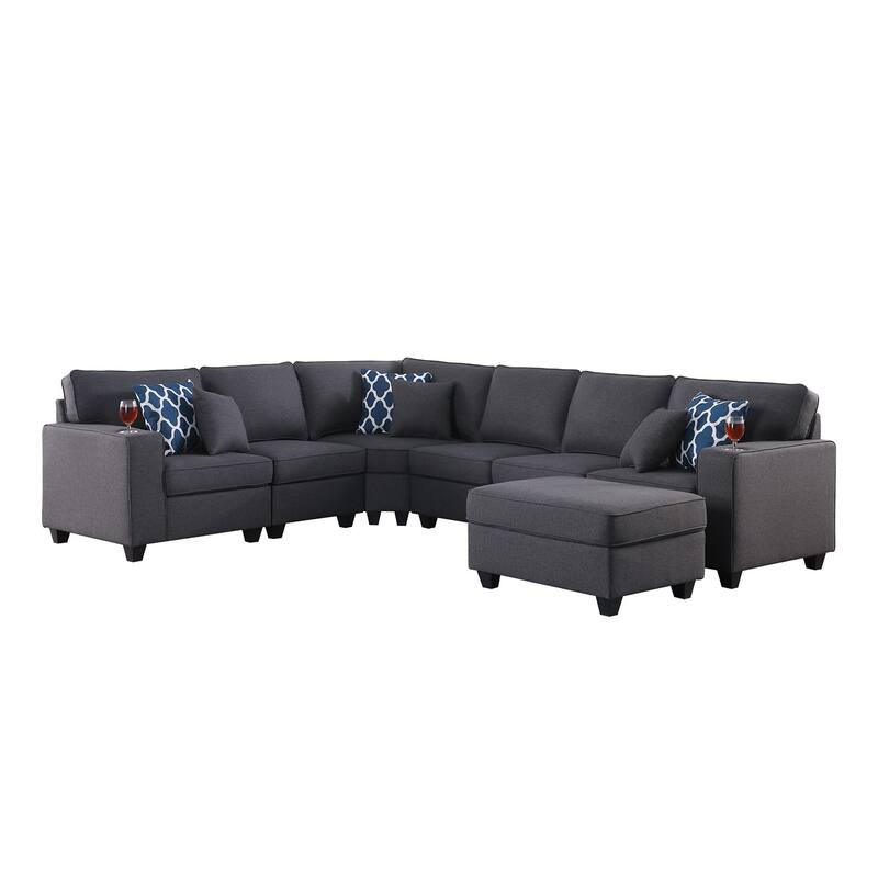 7 Piece Upholstered L-Shape Sectional Sofa with Ottoman in Dark Gray