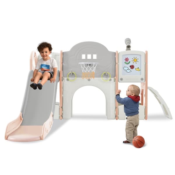 slide 2 of 9, Freestanding Spaceship, Arch Tunnel, Ring Toss, Drawing Whiteboardl and Basketball Hoop for Toddlers, Kids Climbers Playground Pink+Grey - Swing Set - 2-4 Years