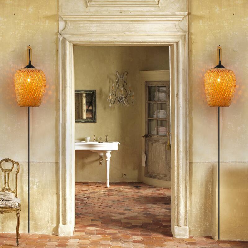 Modern Bamboo Plug in Wall Light Fixture with Switch - Farmhouse Hand Woven Rattan Drop-Shaped Wicker lampshade for Living Room