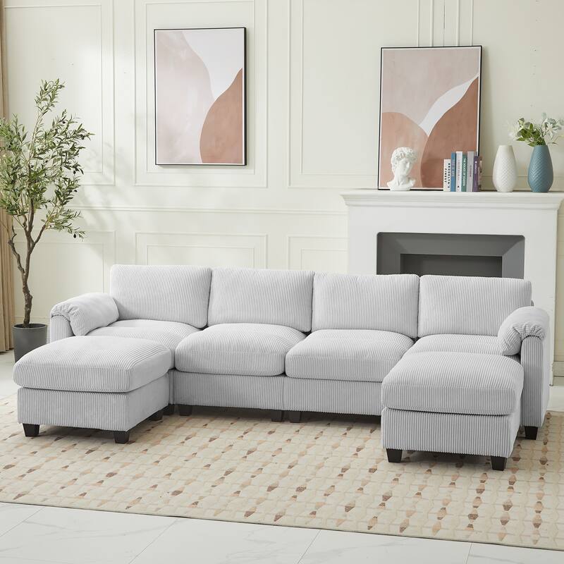 Multi-Seater Corduroy Sectional Sofa, Modular Settee, Included Removable Ottomans - 4 Seats & 2 Ottomans - Mist Grey