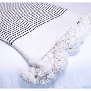 Handwoven Moroccan Blanket with Pom Pom in White and Black