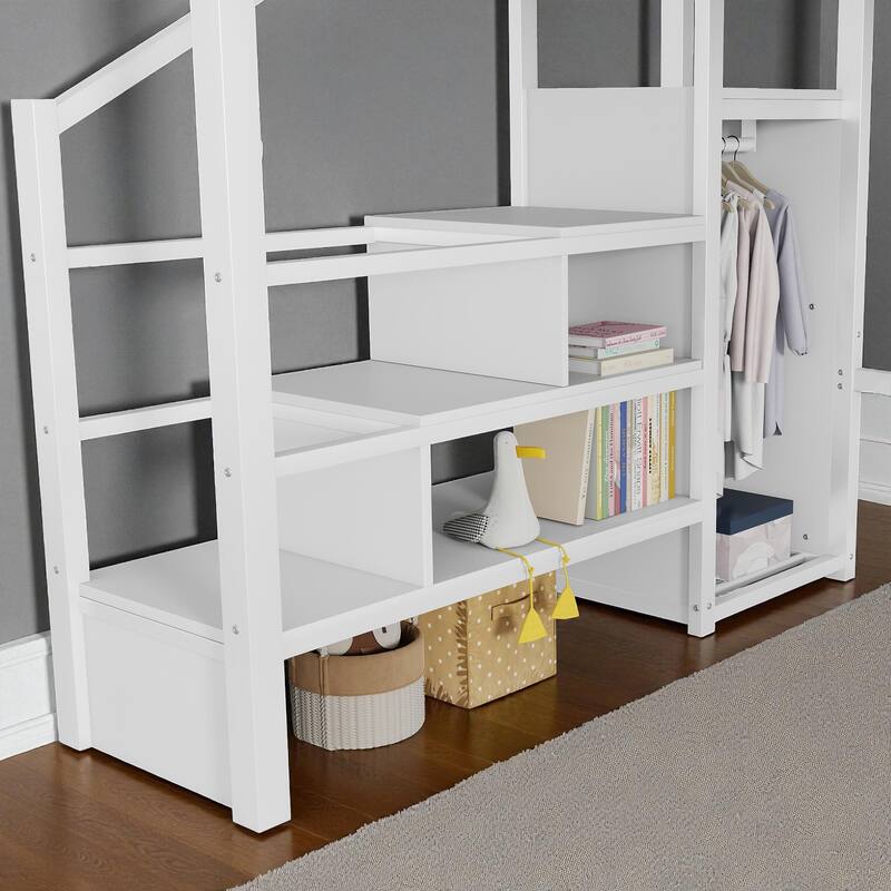 Full/Queen Size Metal Loft Bed with Stairs and Wardrobe, High Loft Bed with House-Shaped Guardrails for Kids and Teens