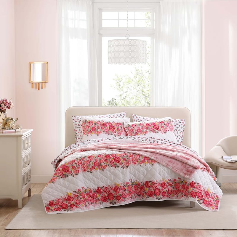 Betsey Johnson Banded Floral Pink Reversible Quilt Set - Bed Bath ...