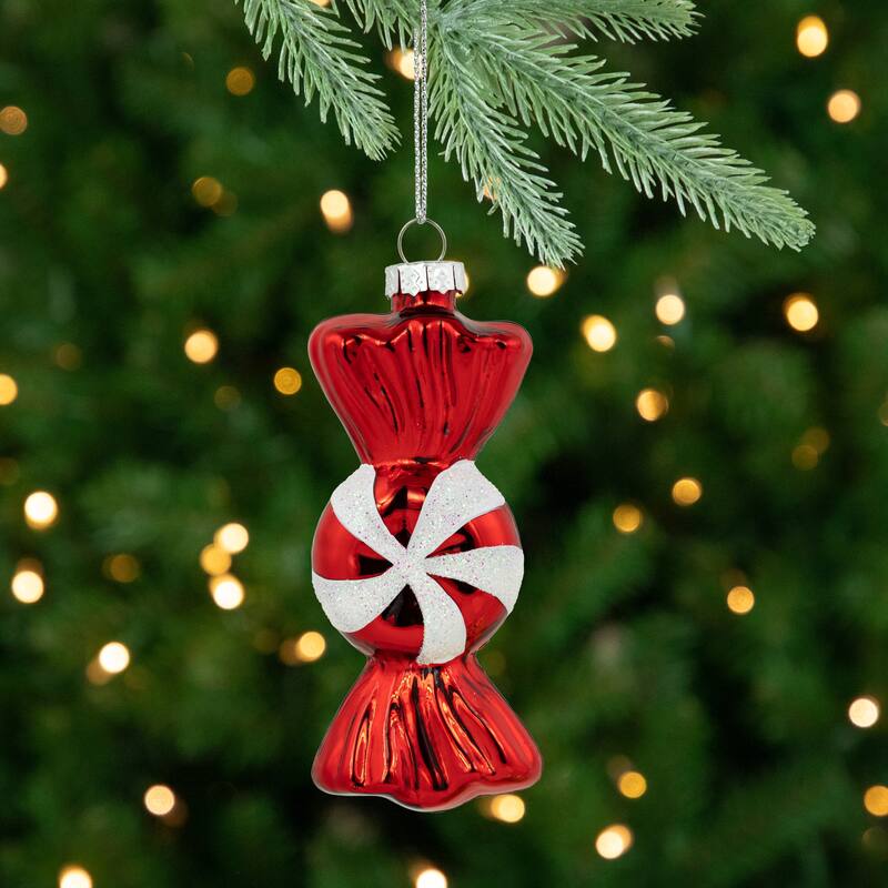 Set of 2 Shiny Red White Glittered Candy Christmas Glass Ornaments 4"
