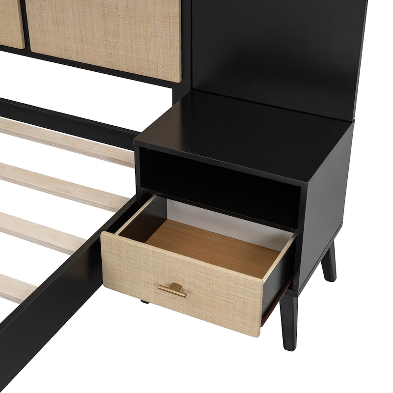 Queen Bed Frame with 2 Nightstands, Rattan & Wood Combination, Built-in Lamps