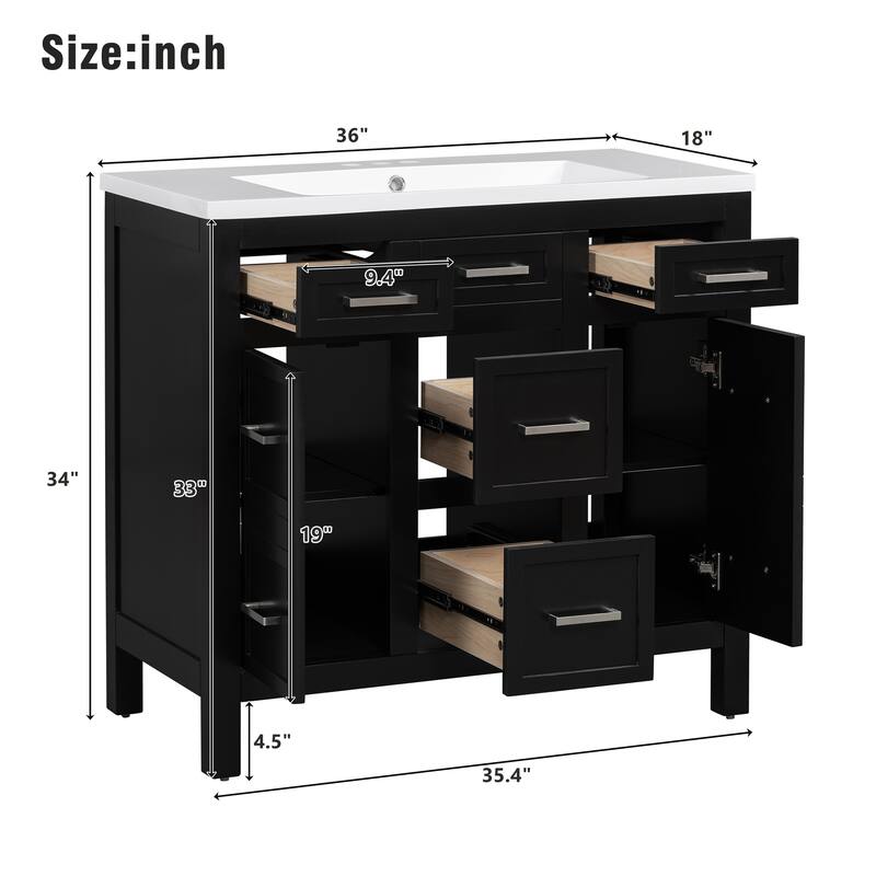 Modern 36-Inch Free-Standing Vanity with Stain-Resistant Resin Sink & Ample Storage