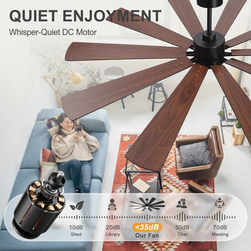 62"/72" Reversible 10-Blade Large LED Ceiling Fan with Light and Remote