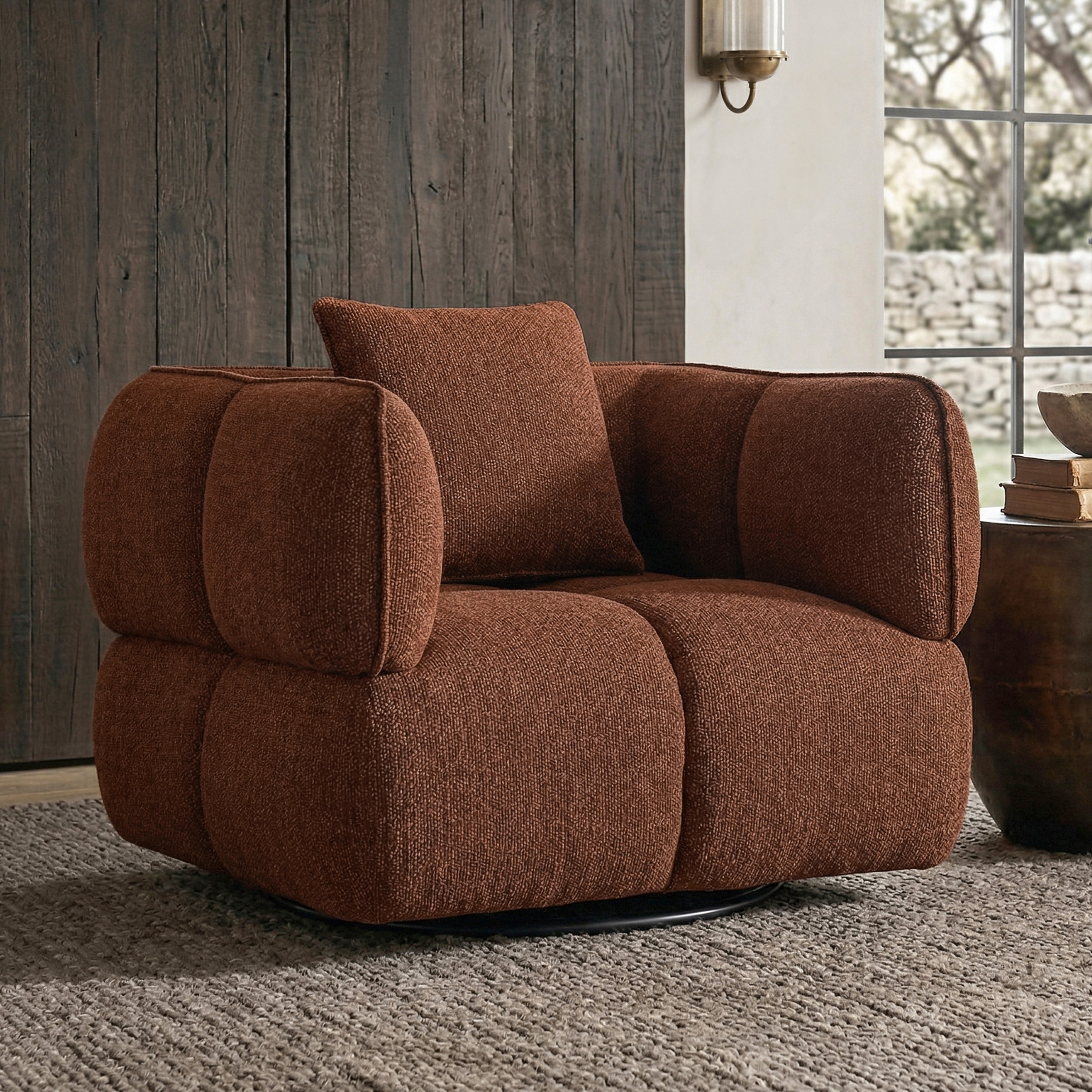 Furniture of America Premier Modern 41-inch Rustic Amber Premium Upholstered Biscuit Tufted Swivel Arm Chair