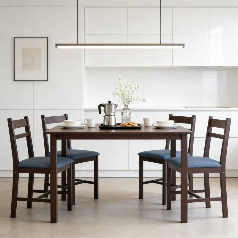 5-Piece Dining Set, Farmhouse Wooden Table and 4 Cushioned Chairs