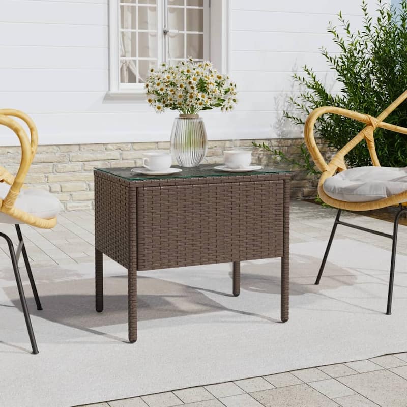 vidaXL Side Table Black/Brown 20.9"x14.6"x18.9" Poly Rattan and Tempered Glass - 20.9" x 14.6" x 18.9" - Brown