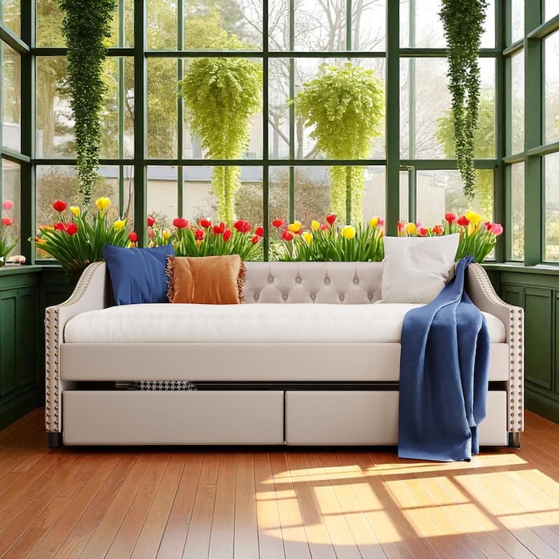 Full Size Upholstered Daybed with Storage Drawers, Diamond Tufted Backrest, Linen Fabric, Wood Slat Support - Beige - Full