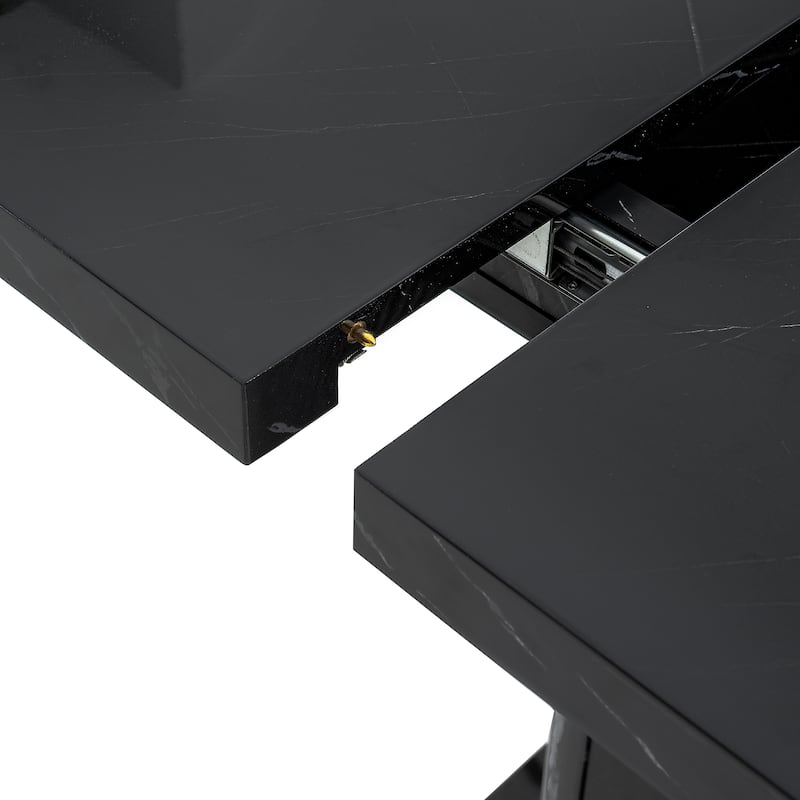 47-63" Modern Extendable Dining Table with Marble Top, Storage Leg & Metal Base