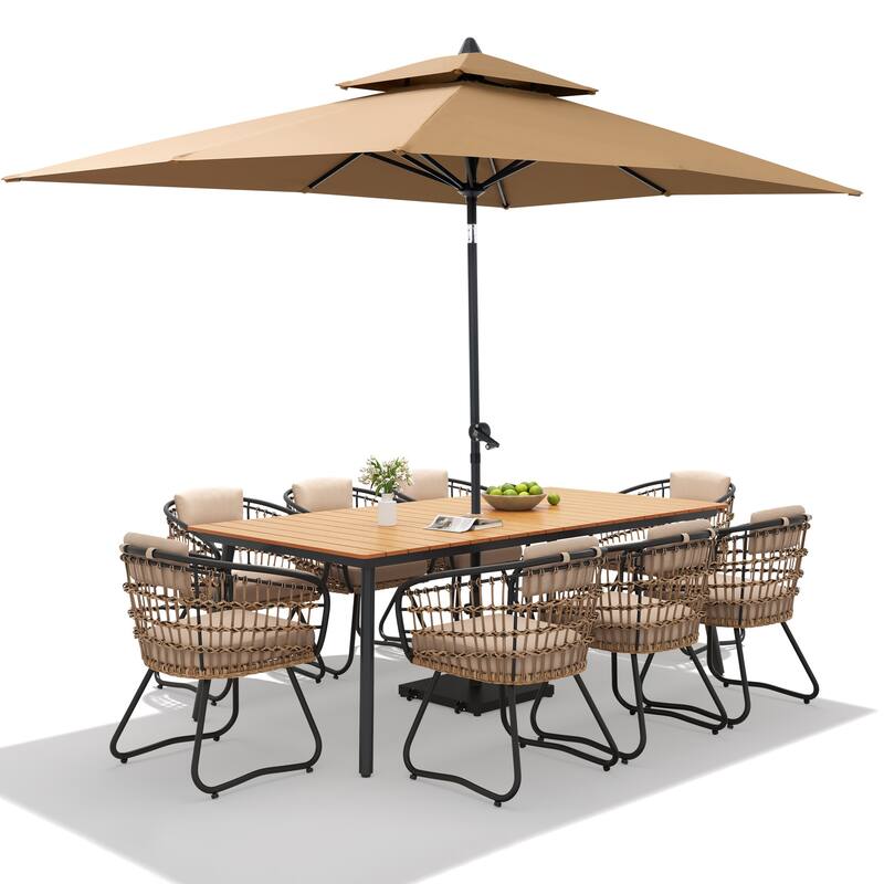 9/11-piece Outdoor Dining Set w/ Umbrella and Base Aluminum Dining Table and PE Rattan Chairs