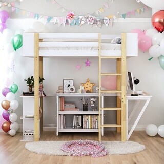 Twin Size Stylish Wood Loft Bed With Built-in Storage Cabinet and Cubes,Foldable desk,Modern Design And Practical,Gray
