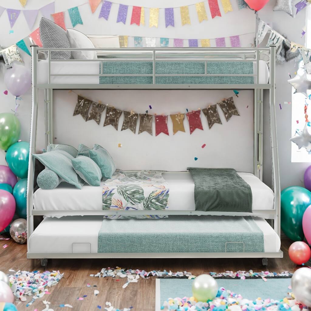 Twin over Full Bed Bunk Bed with Twin Size Trundlle, Two-Side Ladders,Silver