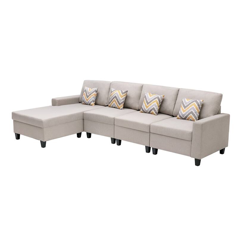 Linen Fabric 4 Piece Reversible Sectional Sofa Chaise with Pillows and Interchangeable Legs in Beige