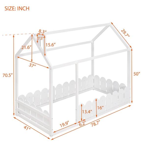 dimension image slide 2 of 4, Classic Twin Size Wood House Floor Bed Frame w/ Fence for Kids, Teens, Girls, Boys Upholstered Bed Space-Saving, Easy Assembly