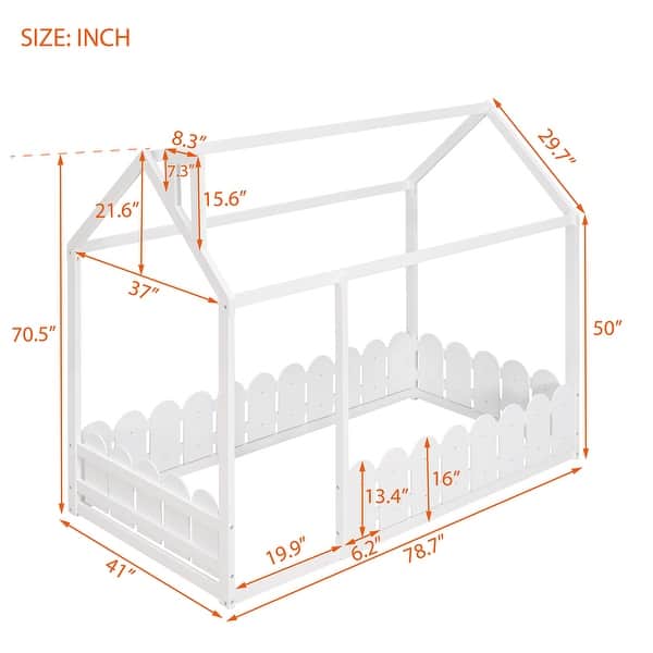 dimension image slide 3 of 4, Espresso Twin Size Wood House Bed Frame with Fence, No Slats Included