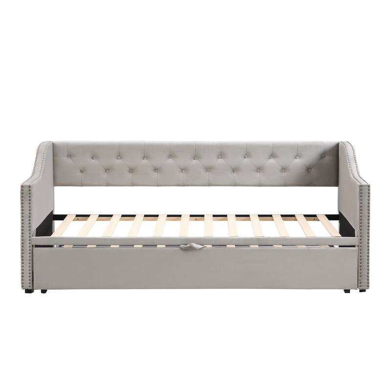 Twin Size Upholstered Daybed with Pop-Up Trundle, Expandable from Twin to King, Velvet with Armrests