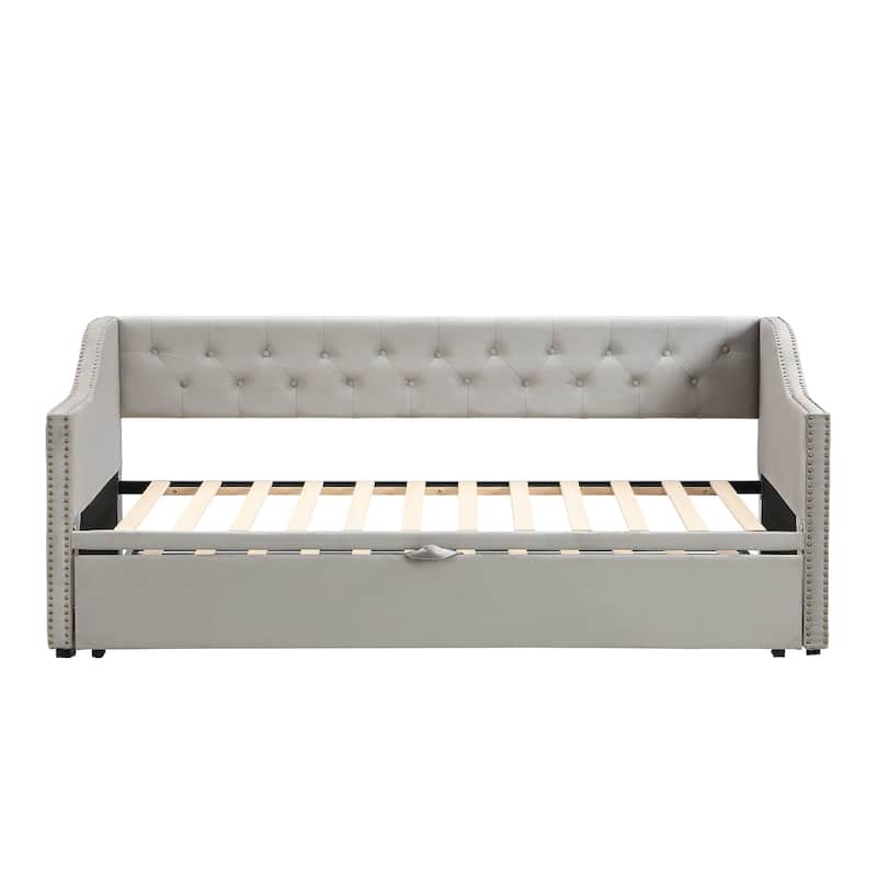 Twin to King Daybed with Pop Up Trundle, Button Tufted Backrest and Wooden Slat Support