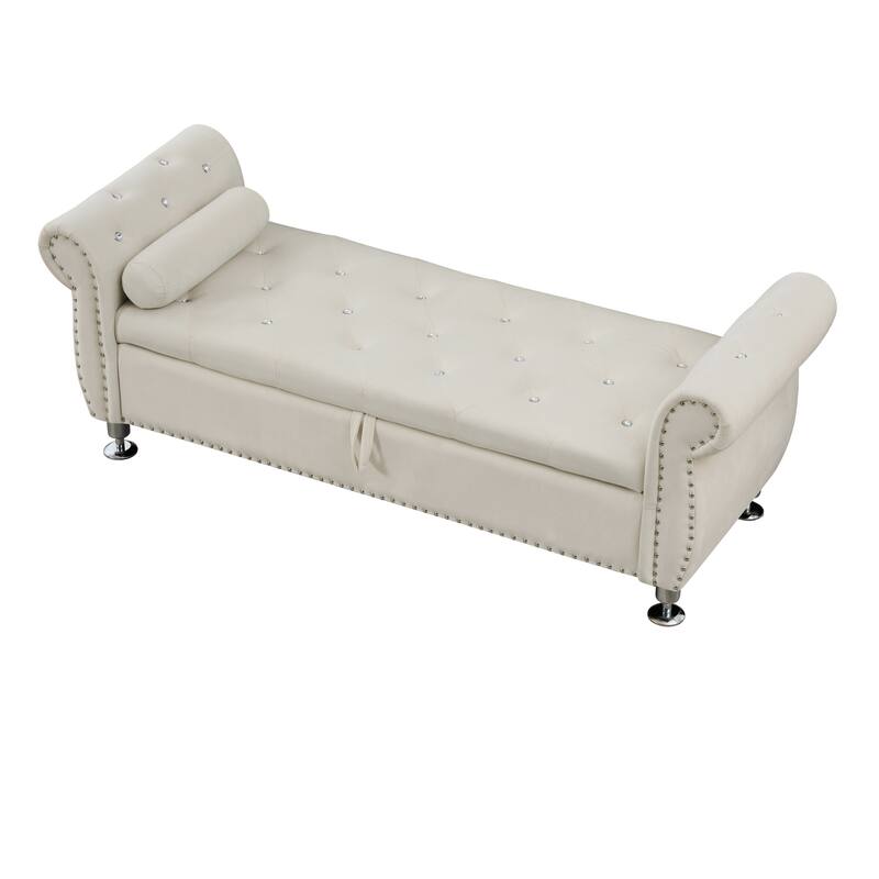 Velvet Storage Bench 62.2 Inch Upholstered Tufted Ottoman Bench with Rolled Arms, Large End of Bed Bench with Rivet Decoration