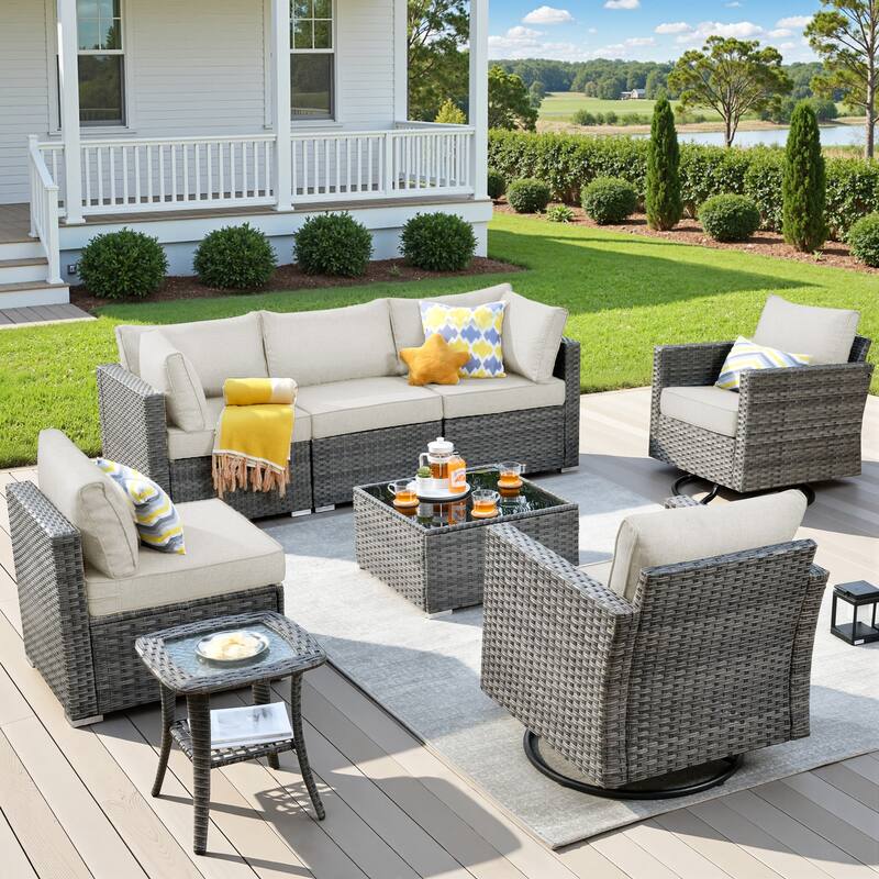 XIZZI 8-Piece Outdoor Patio Wicker Furniture Set with Swivel Chair - Beige