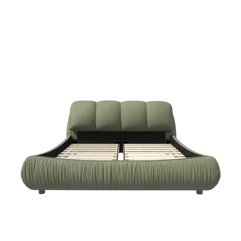 Green Queen Size Luxury Upholstered Platform Bed with Oversized Padded Backrest and Solid Frame