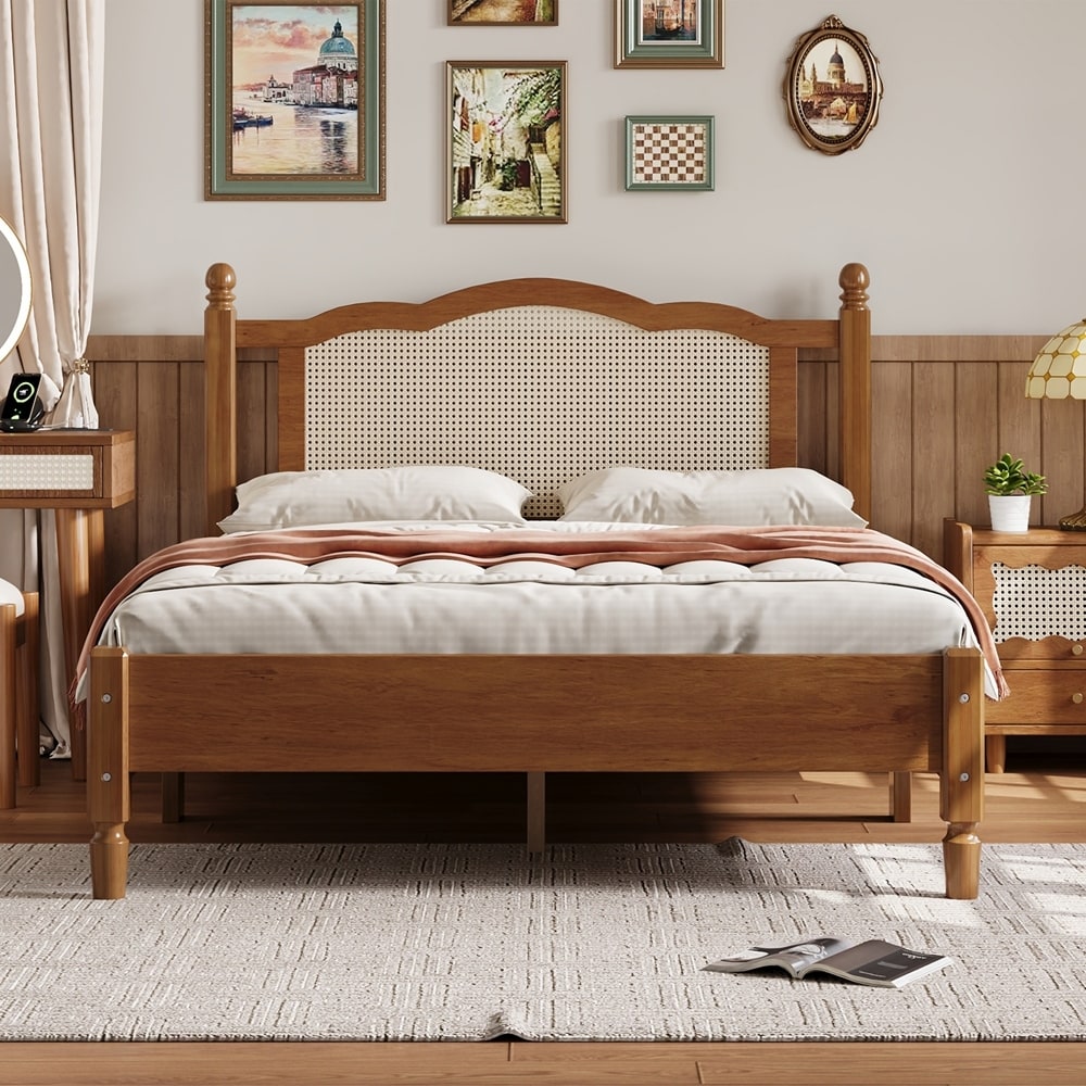 Wooden Platform Bed with Natural Rattan Headboard, Vintage Bed Frame with Wooden Slat Support