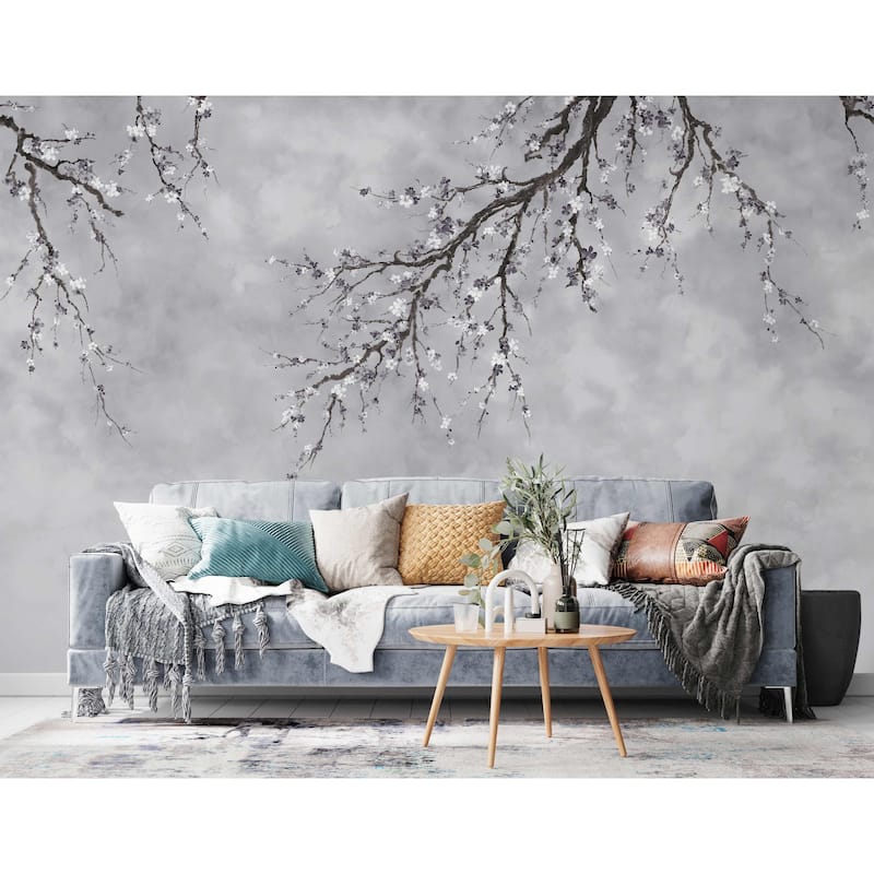 Elegant Cherry Blossom Branch Wallpaper Mural – Minimalist Floral Design for Serene Interiors - Grey - W:163" x H:110"