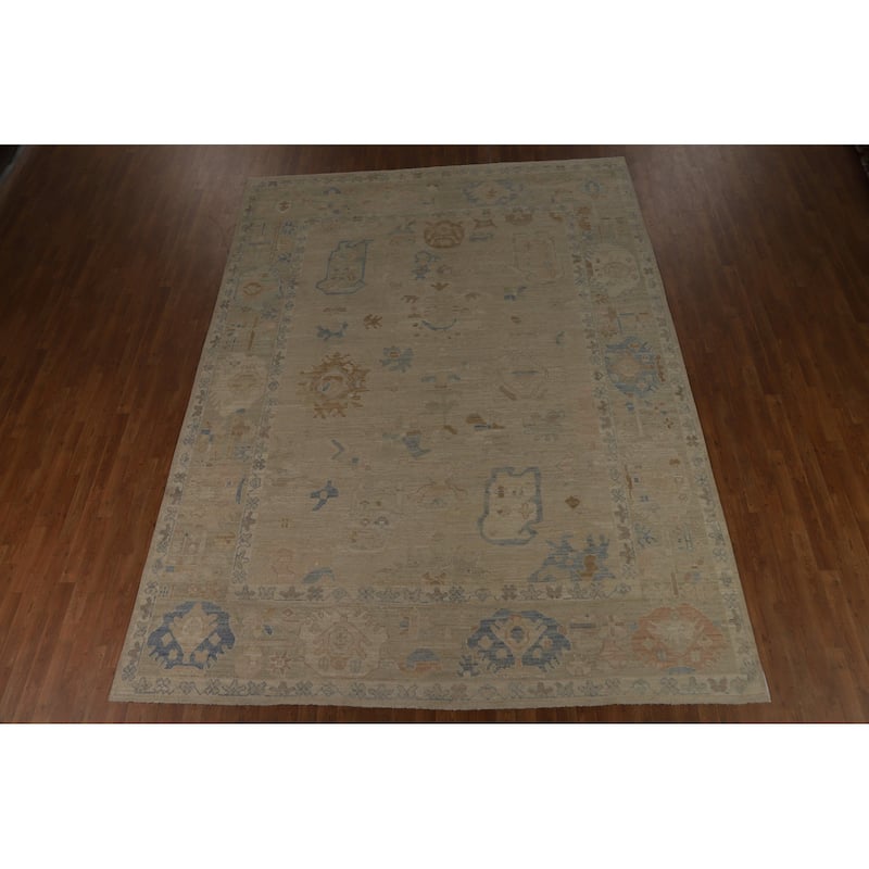 Vegetable Dye Beige Oushak Turkish Rug Hand-Knotted Wool Carpet - 9'1" x 12'1"