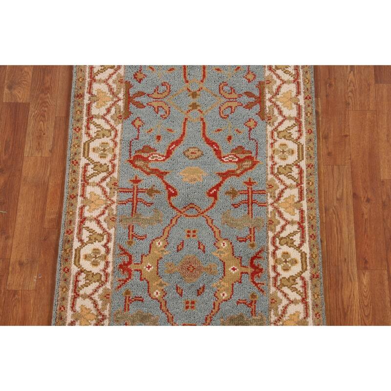 Light Blue Floral Oushak Indian Runner Rug Handmade Wool Carpet - 2'6"x 9'6"
