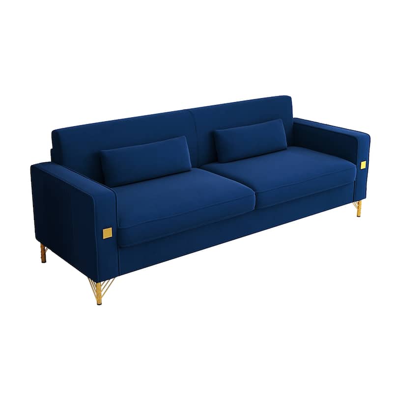 Roomfitters Mid-Century Modern Upholstered Sofa with Gold Metal Legs and Square Arms, Elegant Couch for Living Room