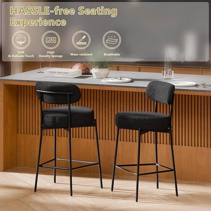 XINMICS 24 Inches Modern Counter Height Bar Stools with Curved Back Metal Legs, Upholstered Boucle Barstools, Set of 2/3/4
