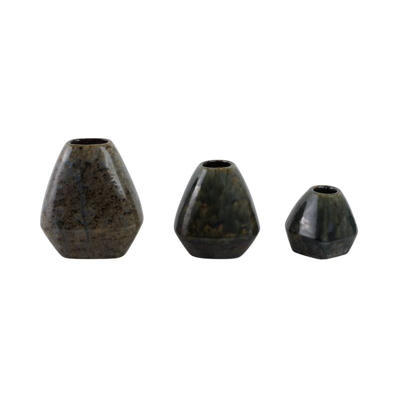 Stoneware Vases Geometric Glazed Finish (Set of 3) - 8/7/5" Brown