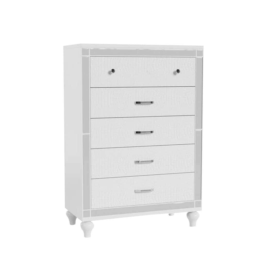 Reya Tall Dresser Chest, 5 Drawers, Crocodile Textured, White Wood