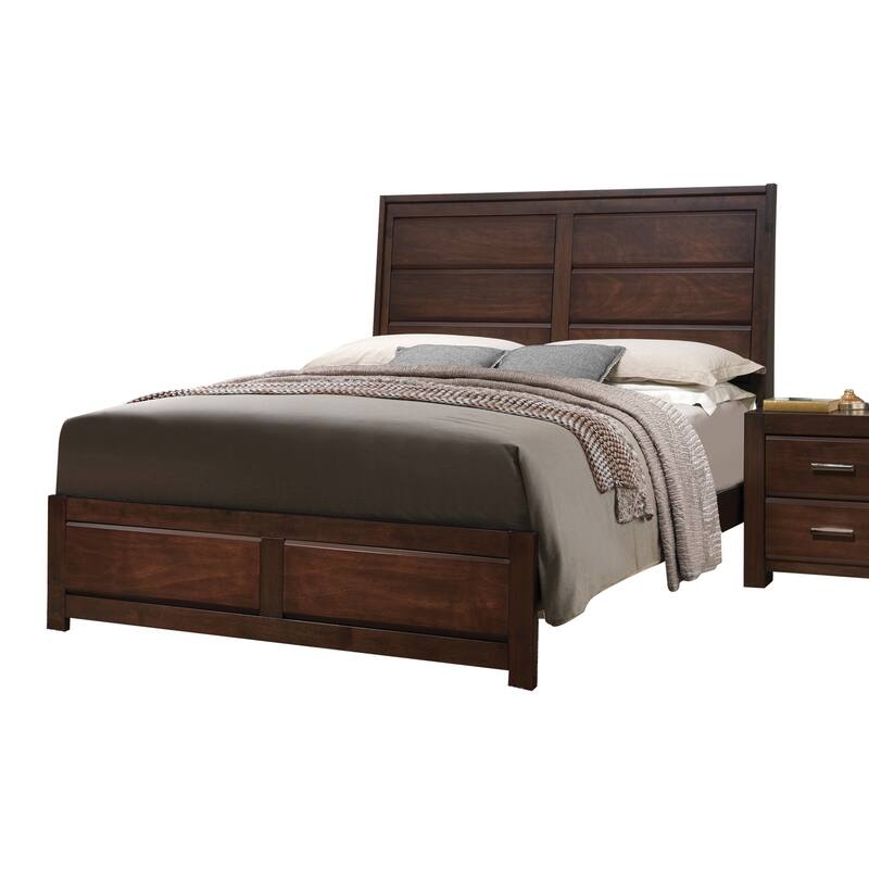 Queen Size Synthetic Wood Panel Bed with Raised Headboard and 660lbs Capacity - Walnut
