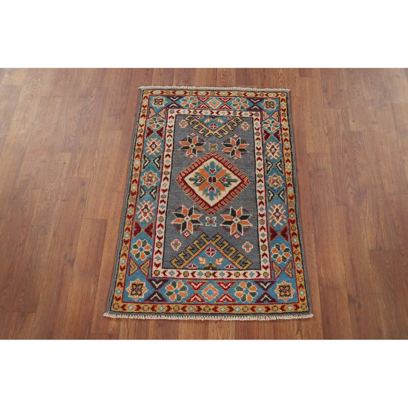 Gray Kazak Accent Rug Handmade Wool Carpet - 1'10" x 2'9"