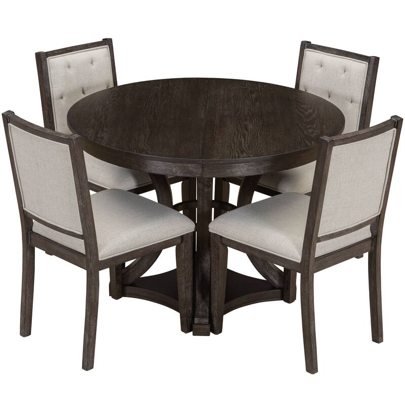 5-Piece Retro Dining Table Set with Extendable Round Table and 4 Upholstered Chairs