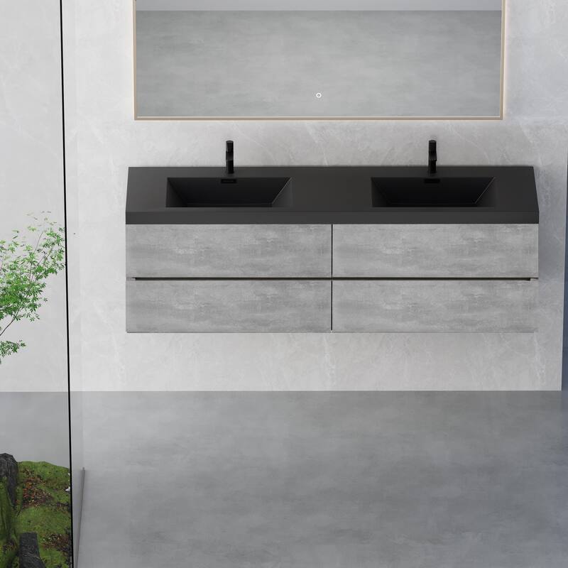 Modern Wall-Mounted Bathroom Vanity in Gray with Black Quartz Sand Top
